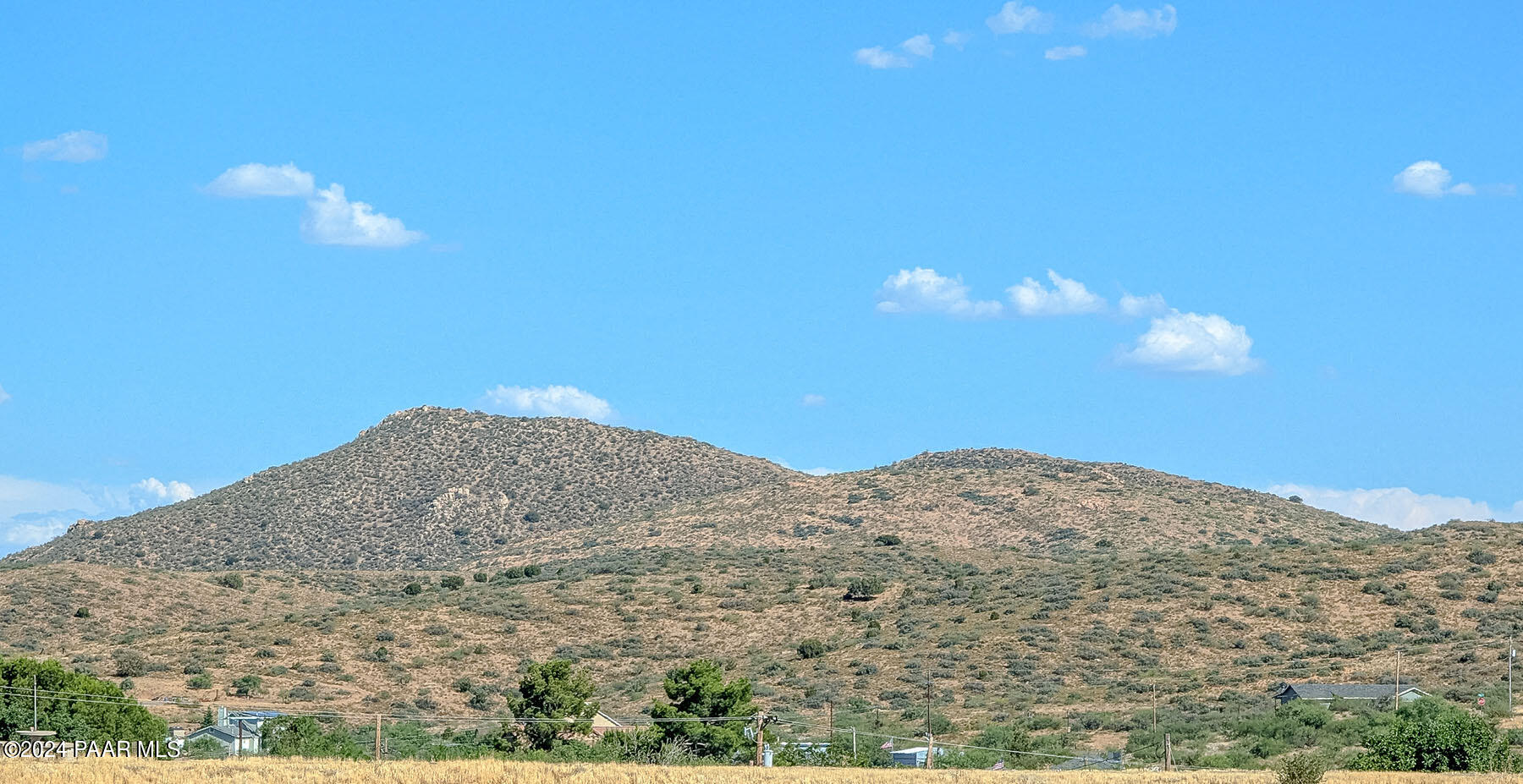 a view of a dry yard with mountains in the background