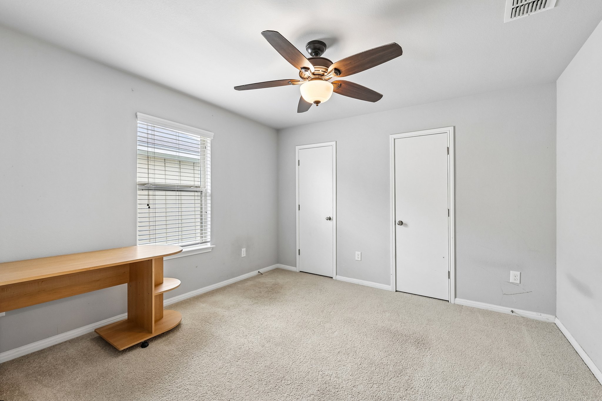 387 Guemal Road Buda, TX 78610 - Photo 20 of 39 Carpeted room with a ceiling fan light fixture, two white doors, and a window with horizontal blinds