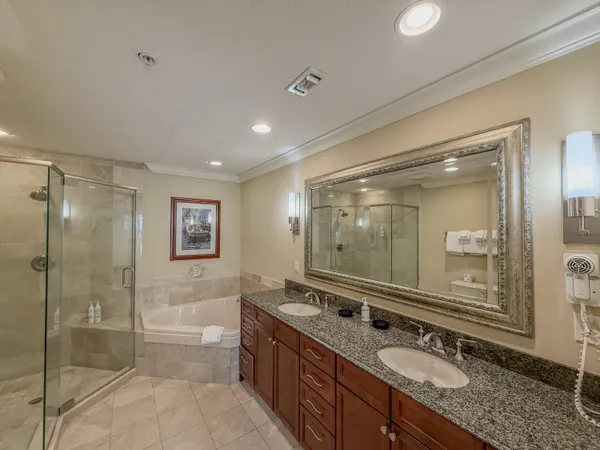a bathroom with a granite countertop double vanity sink mirror double shower and a bathtub