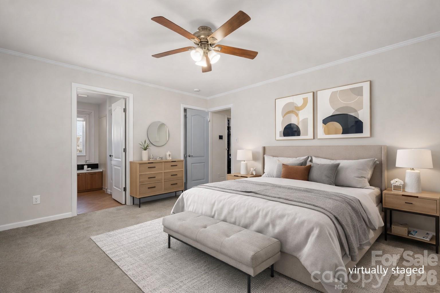 999 Stone Throw Drive Concord, NC 28025 - Photo 11 of 23 a spacious bedroom with a bed a ceiling fan and a dresser
