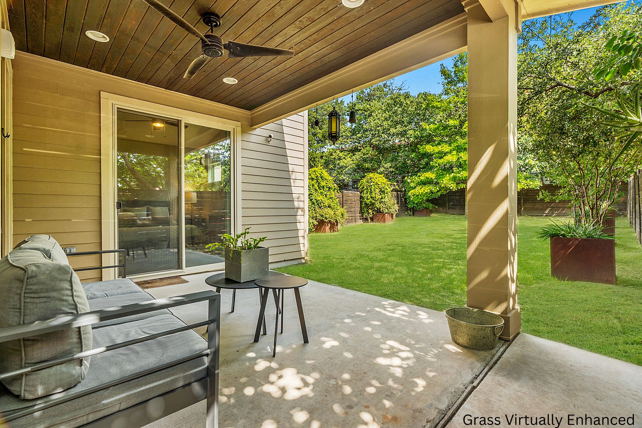 3707 Birch Street, Unit B Austin, TX 78704 - Photo 33 of 40 Step outside to the covered back patio, complete with beautiful soffit work, ceiling fan and recessed lighting.