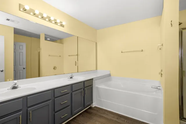 a bathroom with a tub sink and mirror