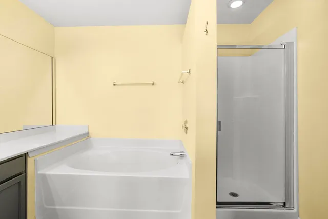 a bathroom with a bathtub and a shower