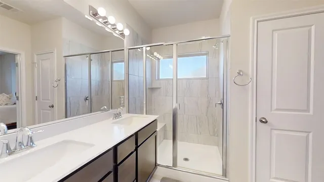 a bathroom with a shower sink and mirror