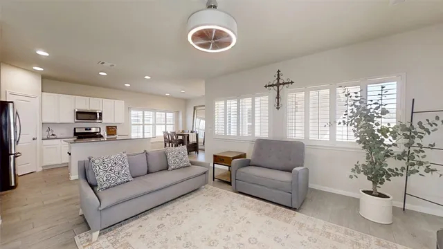 a living room with furniture kitchen view and a potted plant