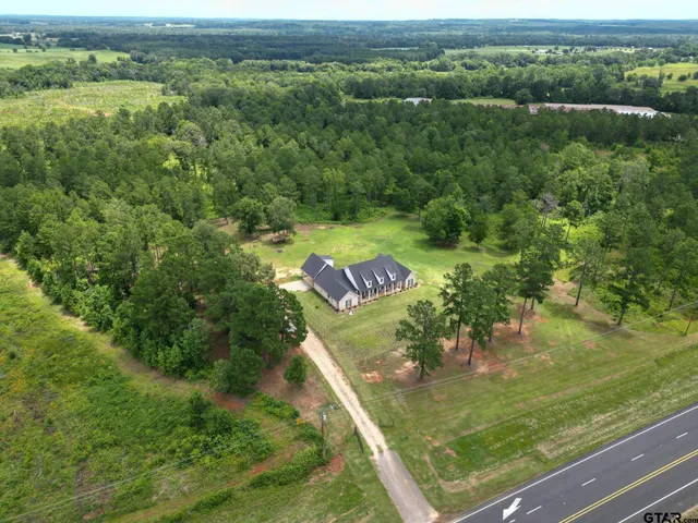 an aerial view of residential houses with outdoor space and trees