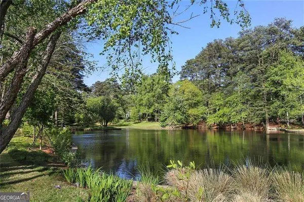 a view of a lake view with a garden