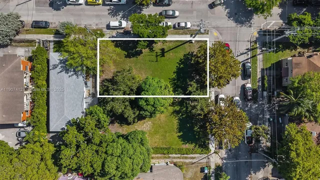 an aerial view of street and lots of trees