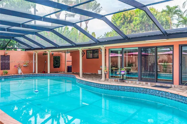 a house view with swimming pool in front of it