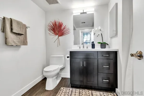 a bathroom with a sink vanity and toilet