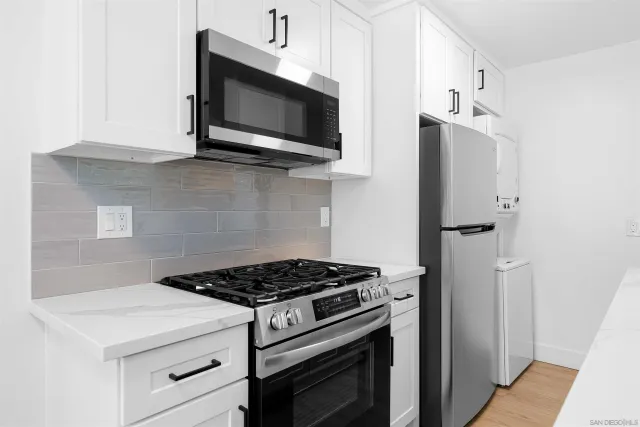 a kitchen with a stove and a microwave