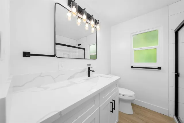 a bathroom with a sink mirror and toilet