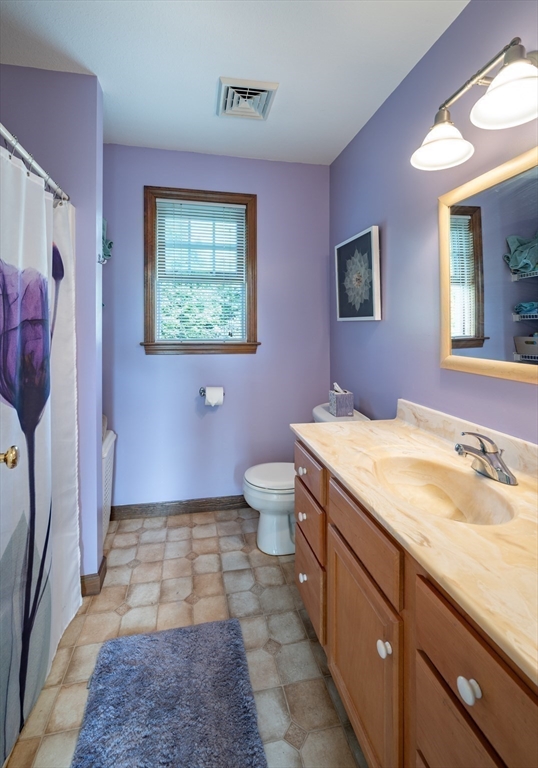 217 Cardinal Way Northampton, MA 01062 - Photo 31 of 37 a bathroom with a granite countertop sink a toilet a mirror and shower