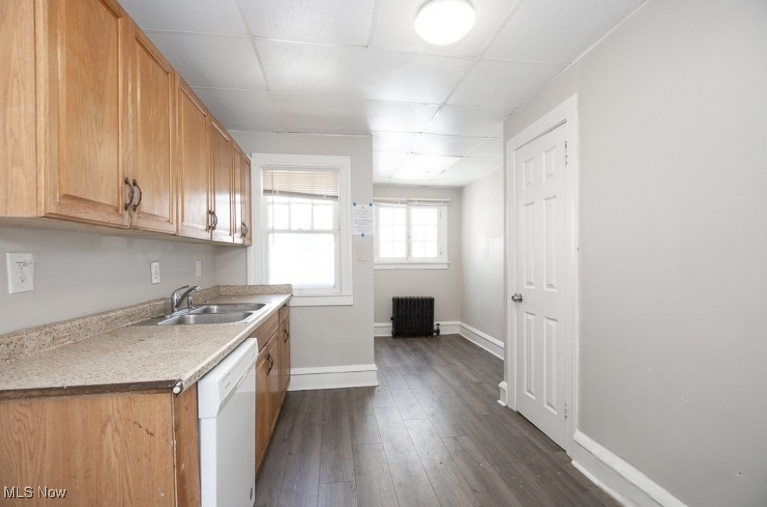 3372 Colwyn Road Cleveland, OH 44120 - Photo 6 of 9 Kitchen featuring dark hardwood / wood-style flooring, dishwasher, sink, a paneled ceiling, and radiator heating unit