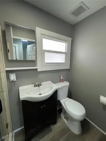 a bathroom with a sink a toilet and mirror
