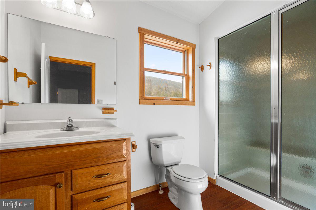 325 Coyote Run Mathias, WV 26812 - Photo 27 of 40 a bathroom with a granite countertop sink toilet and shower