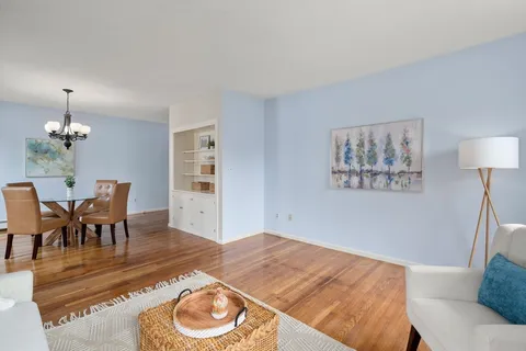 a living room with furniture and a dining table with rug