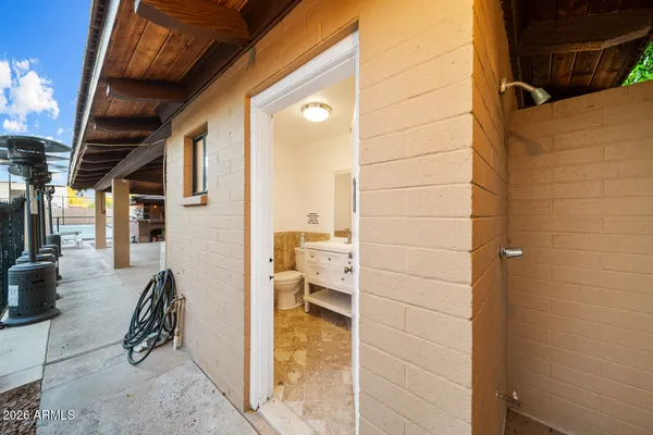 a view of a dining room with furniture window and outside view
