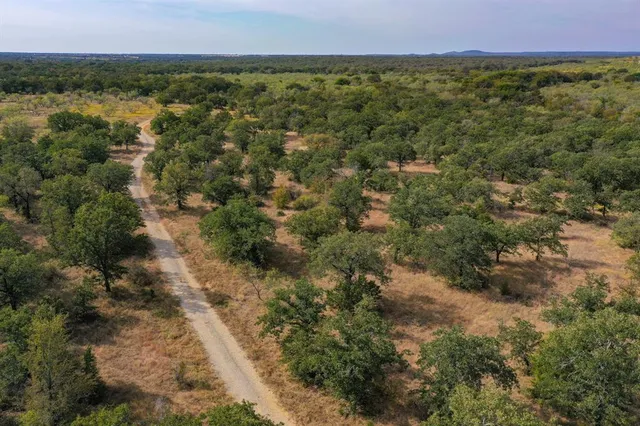 an aerial view of residential houses with outdoor space and trees