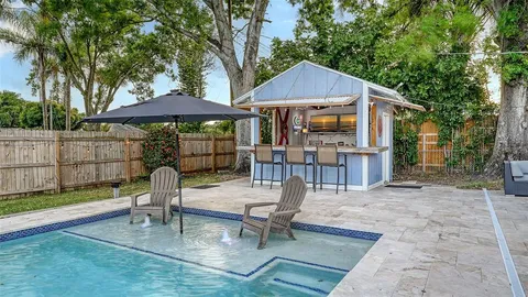 a patio with a table and chairs under an umbrella