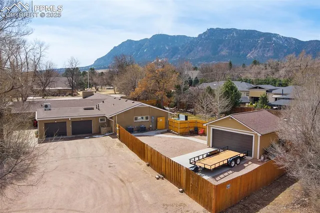 a view of a terrace with a mountain