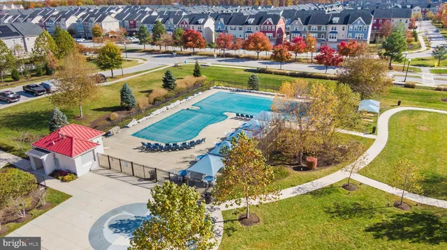 an aerial view of a swimming pool