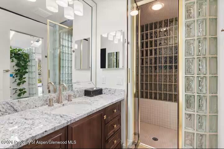 107 Aspen Mountain Road, Unit 9 Aspen, CO 81611 - Photo 12 of 19 a bathroom with a granite countertop sink and a mirror