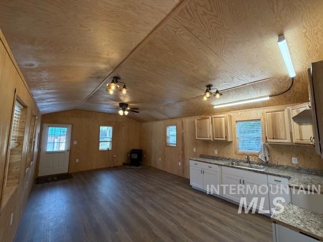 124 Windmill Lane Kooskia, ID 83539 - Photo 50 of 50 Kitchen with a ceiling fan, wooden walls, lofted ceiling, dark wood-style flooring, and open floor plan