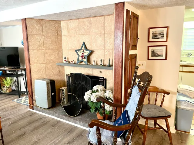 a living room with furniture a fireplace and a flat screen tv