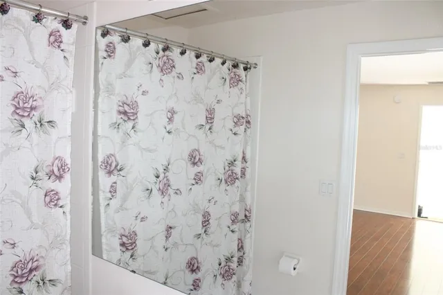 a bathroom with a shower curtain and a curtain