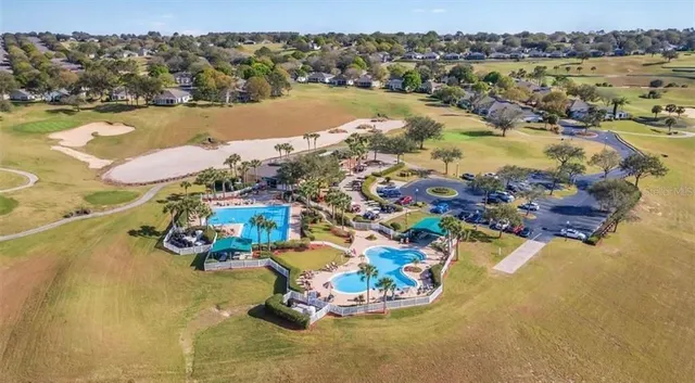 an aerial view of a swimming pool