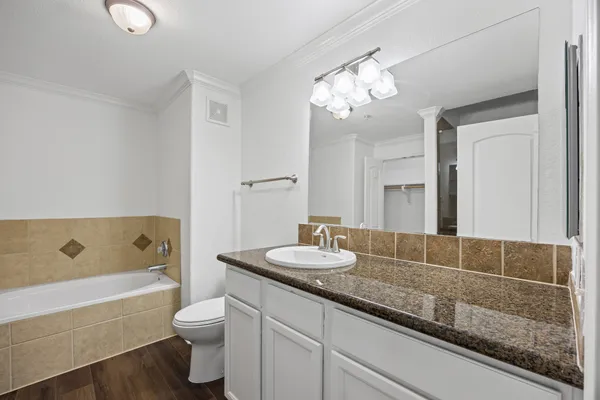 a bathroom with a granite countertop sink a toilet and bathtub