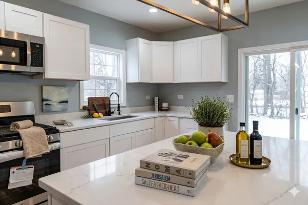 a kitchen with stainless steel appliances kitchen island granite countertop a sink a stove and white cabinets