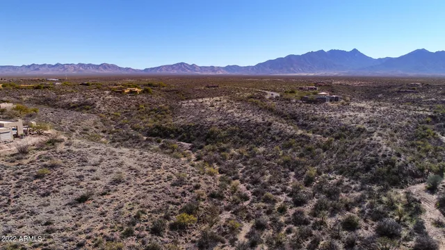 a view of a dry field with trees in the background
