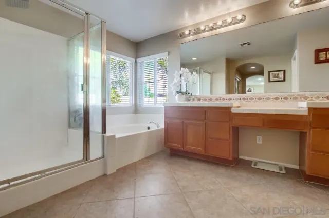 a bathroom with a tub sink shower and mirror