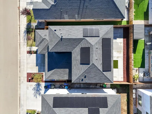 an aerial view of a swimming pool