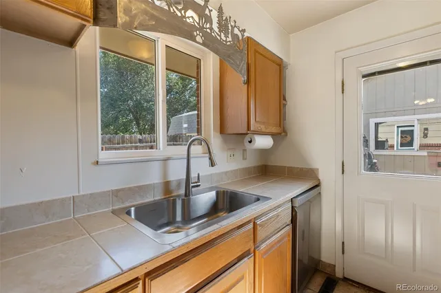 a kitchen with a sink a counter top space and cabinets