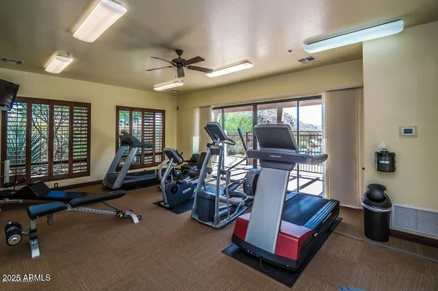 a view of a balcony with furniture and a potted plant