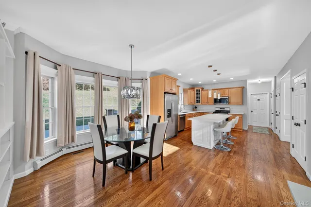 a view of a dining room with furniture window and wooden floor