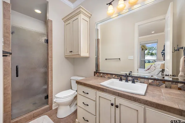 a bathroom with a granite countertop sink a toilet and a mirror