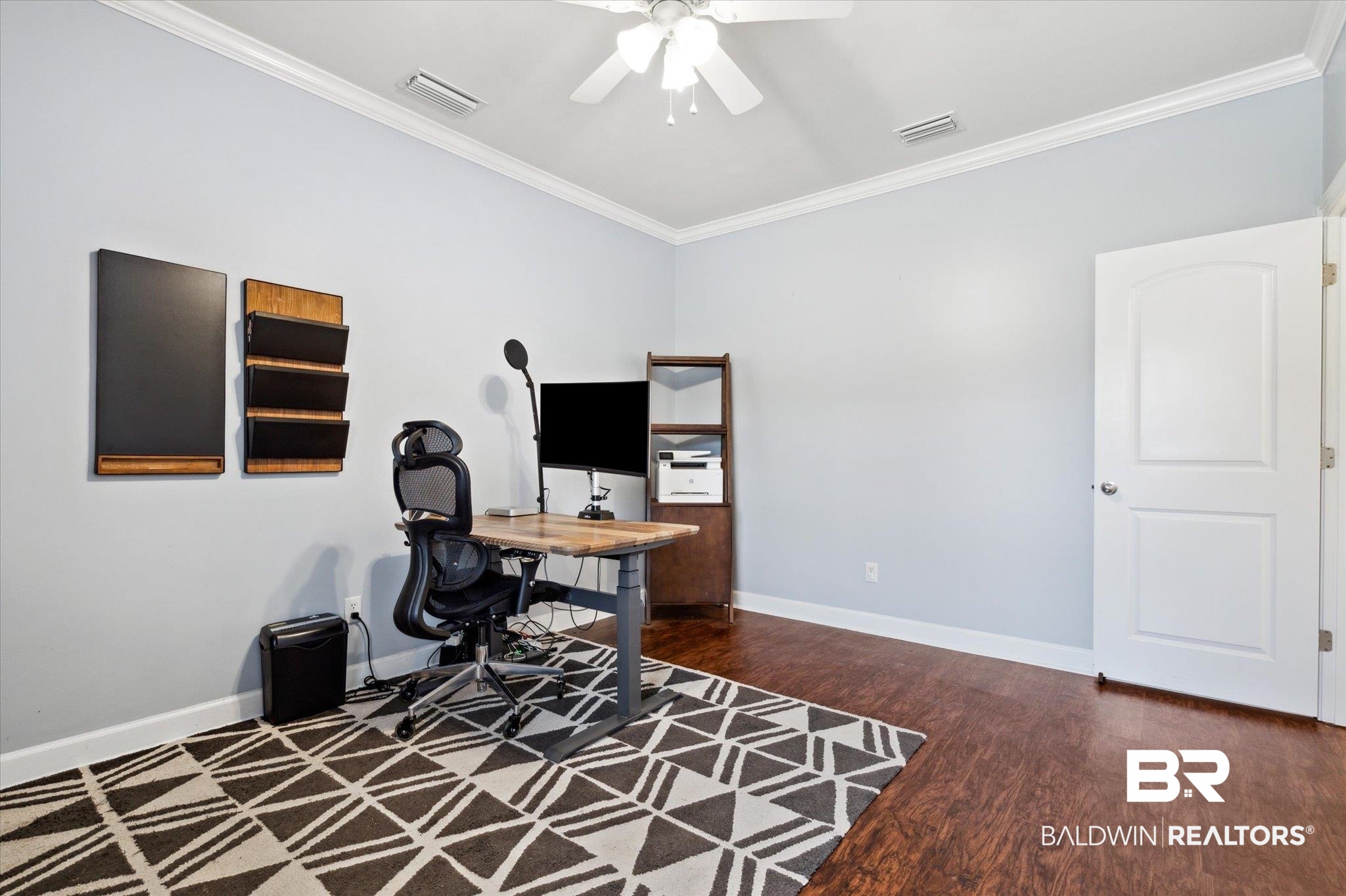 1561 William Dunn Way Mobile, AL 36695 - Photo 19 of 28 Office area with ornamental molding, dark hardwood / wood-style flooring, and ceiling fan