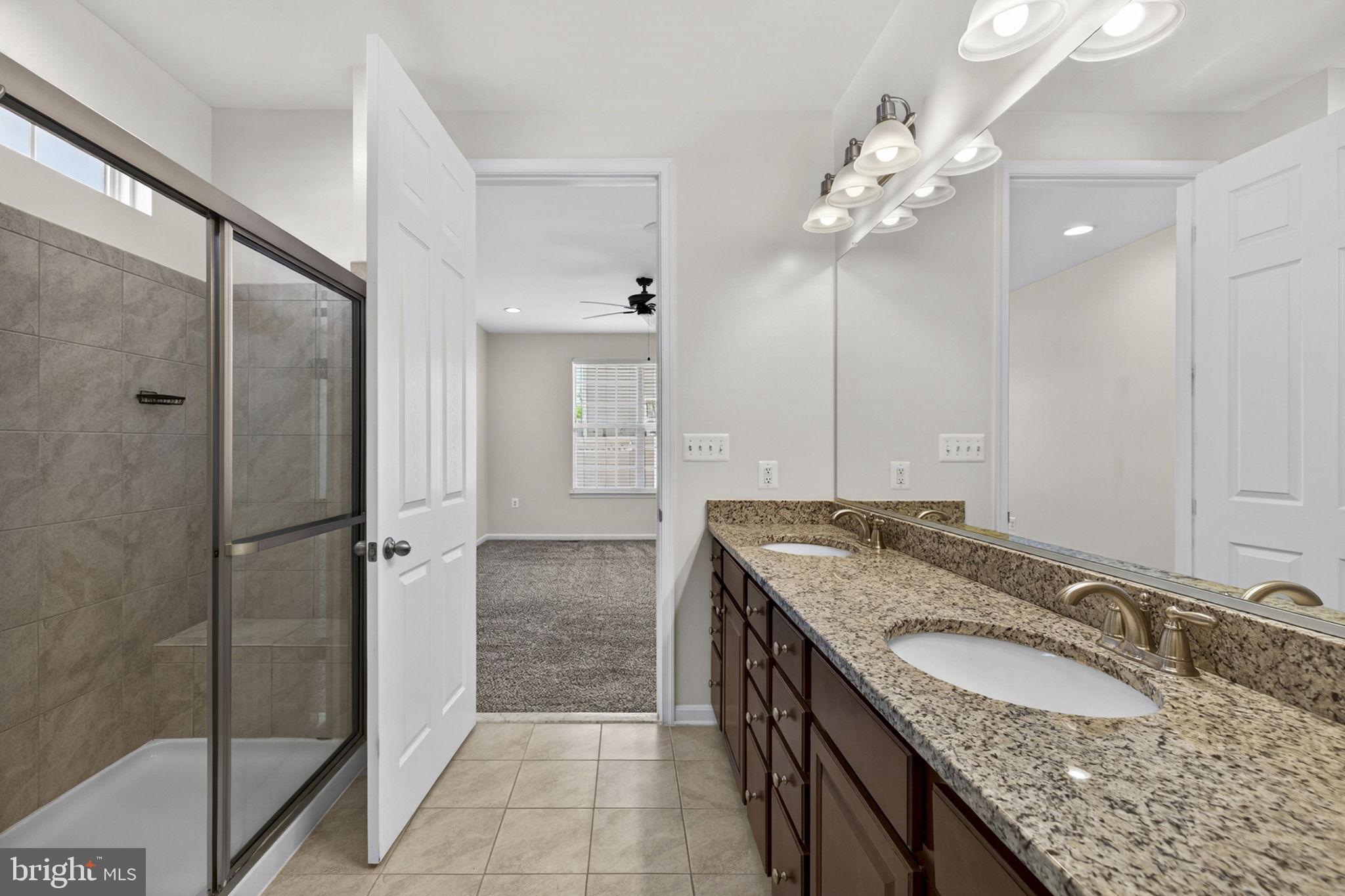 181 Sparkling Brook Road Ranson, WV 25438 - Photo 56 of 101 a bathroom with a granite countertop sink a mirror and shower