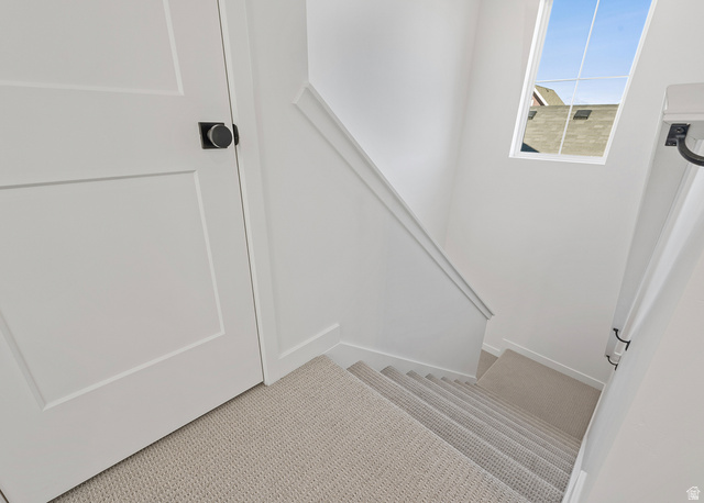 11214 South Easy Bee Road, Unit 270 South Jordan, UT 84009 - Photo 18 of 31 Carpeted staircase featuring a skylight, white paneled doors, matte black door hardware, and white handrails