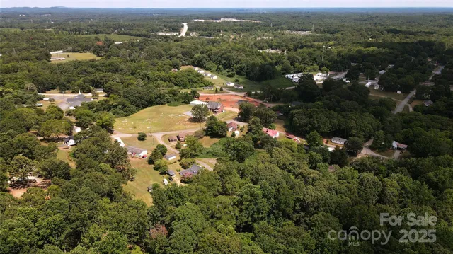 an aerial view of residential houses with outdoor space and trees
