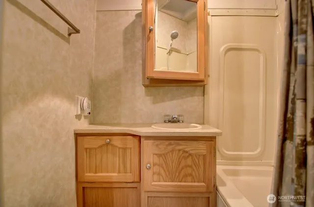 a bathroom with a sink a mirror and shower