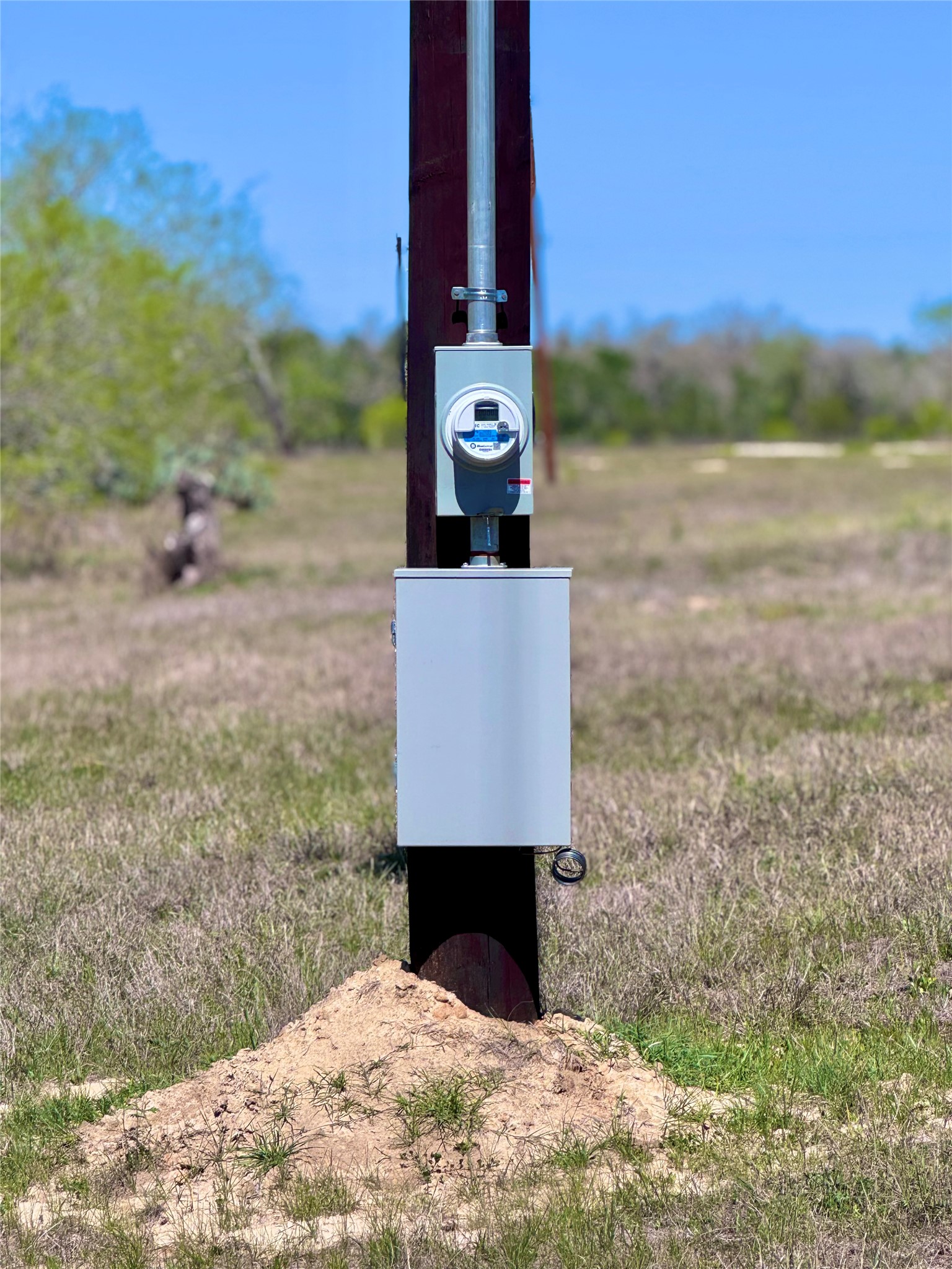 3775 Baker Road Kingsbury, TX 78638 - Photo 13 of 14 Utility pole with mounted electrical meter and lower service box, featuring conduit