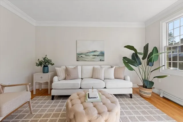 a living room with furniture flowers and a potted plant