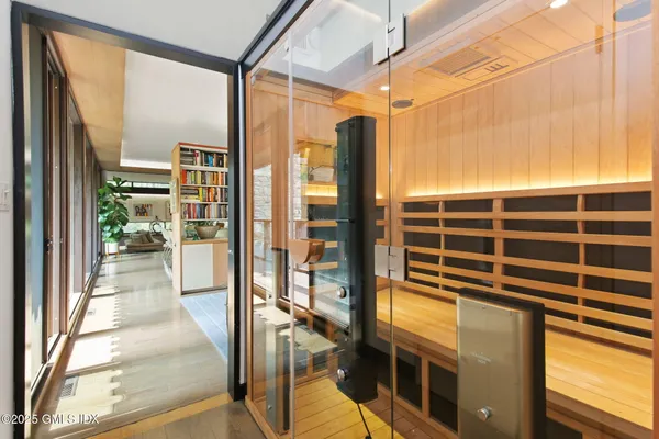 a view of a balcony from door