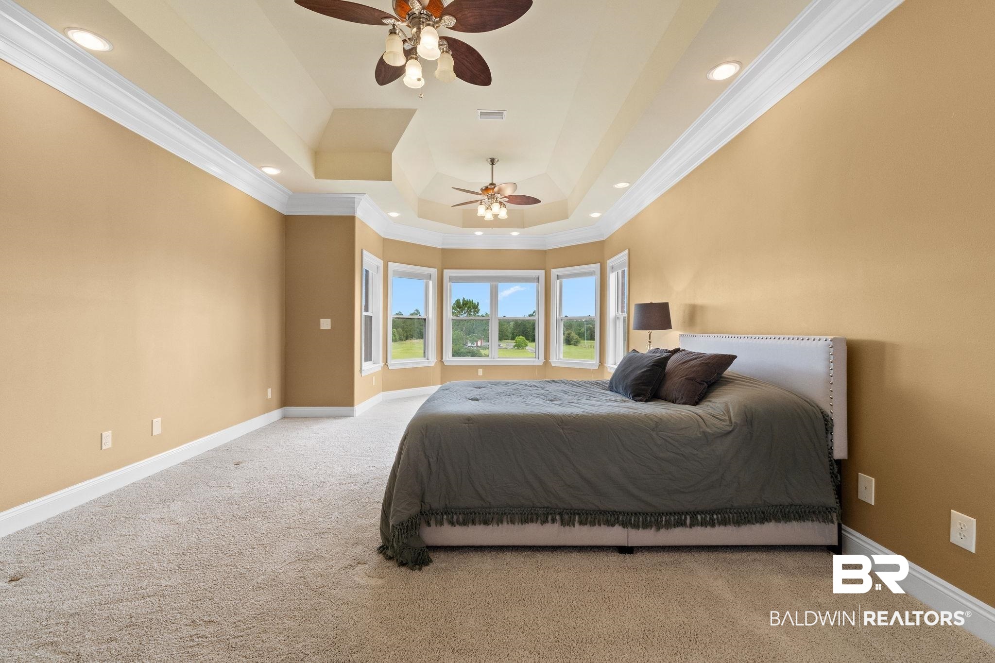 9790 Stucki Road Elberta, AL 36530 - Photo 64 of 72 Bedroom with a tray ceiling, crown molding, carpet flooring, baseboards, and recessed lighting