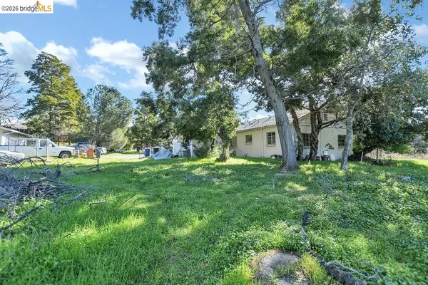 a view of a house with a big yard and large trees